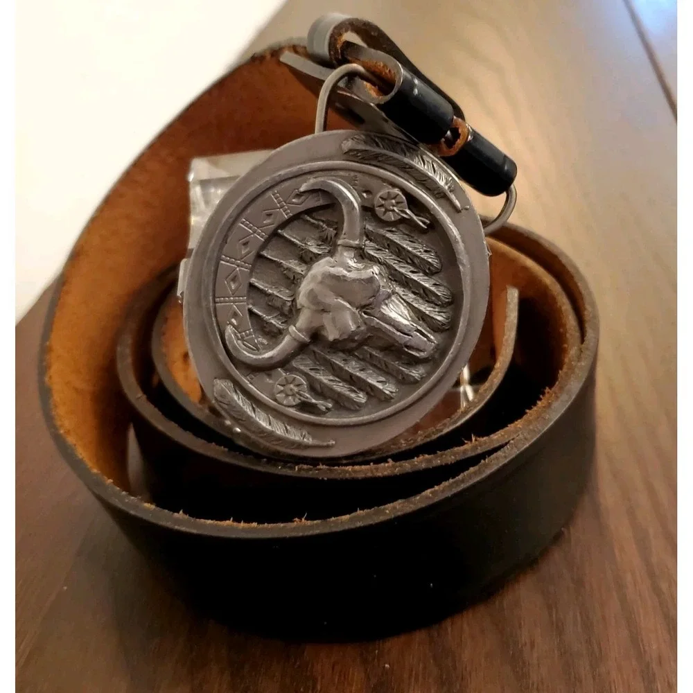 Vintage Buckles of America Longhorn Skull Western Belt Buckle & Leather Belt USA